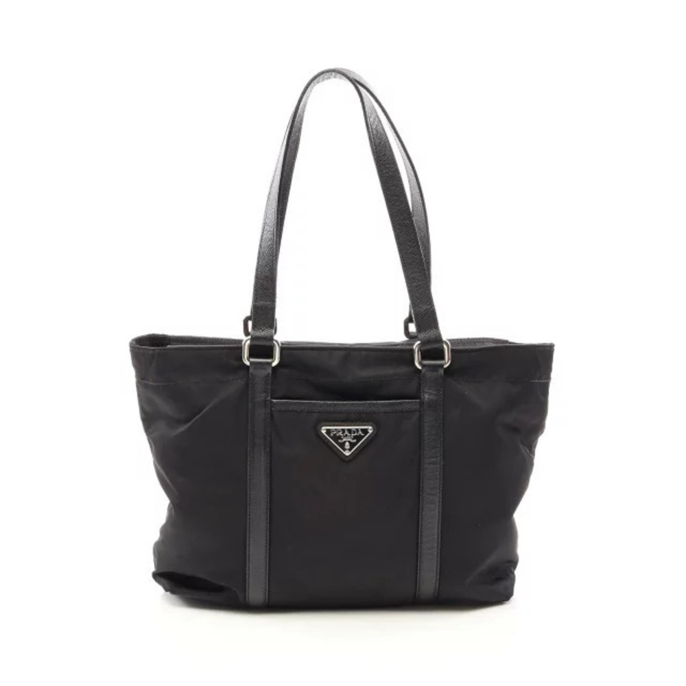 Prada Triangle Plate Tote Bag Leather Black